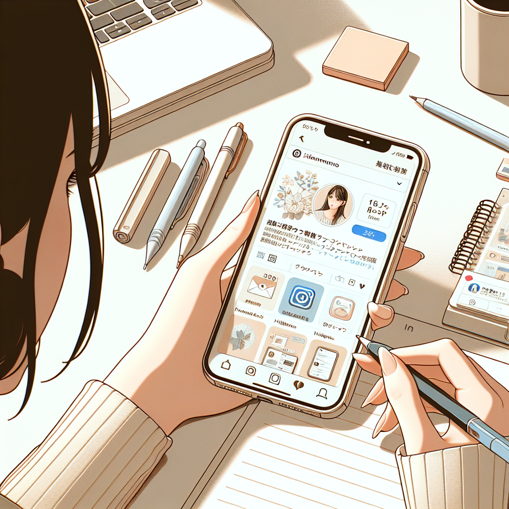明るい自然光の入るデスクで、Instagramのプロフィール画面を表示したスマートフォンを手にする女性クリエイター。画面には整ったプロフィール、固定投稿、ハイライトが見え、横にはノートPCとメモ帳。構図は手元と画面を中心にした寄りのカット。