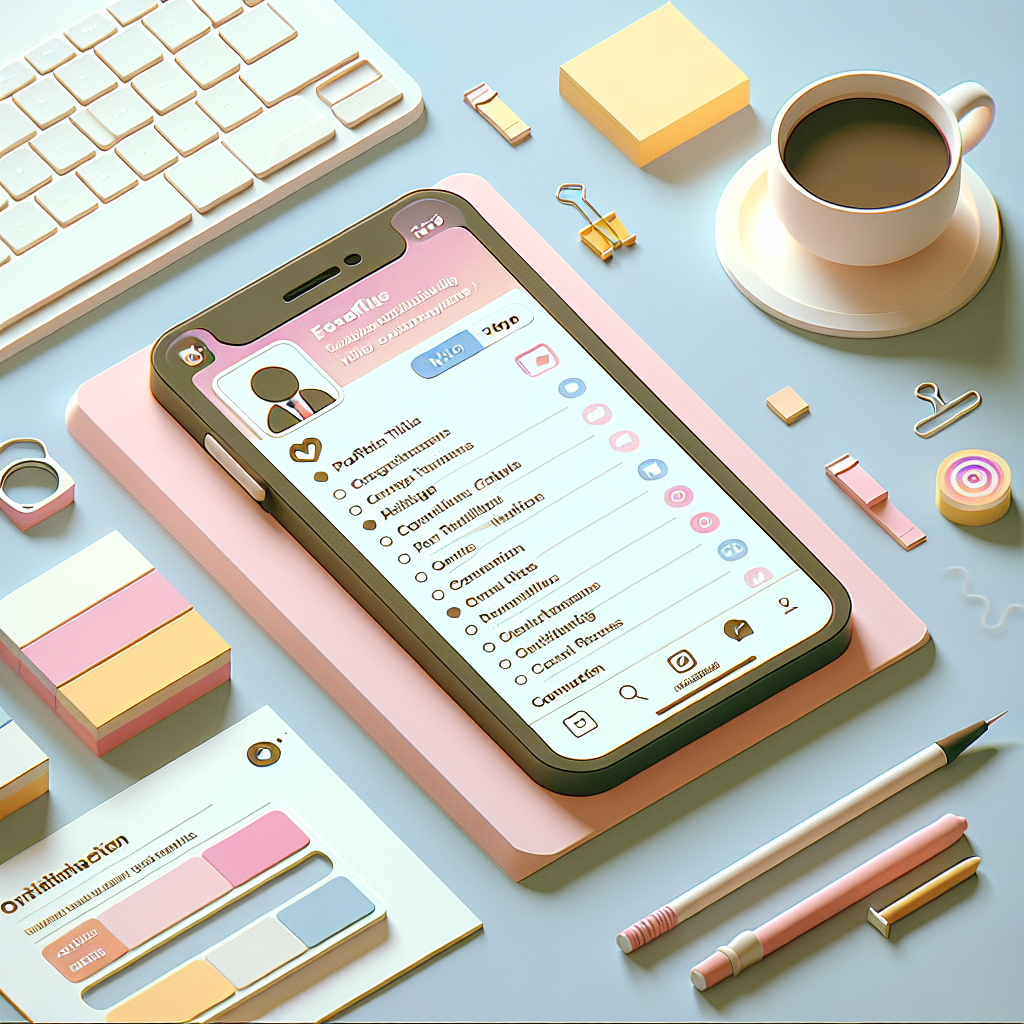 Instagramプロフィール編集画面を開いたスマートフォンのクローズアップ。画面には肩書き、実績、問い合わせ文言が整然と入力されている。背景には淡色のデスク、コーヒーカップ、付箋。構図は真上からの俯瞰で、情報整理のイメージが伝わるように整理されている。