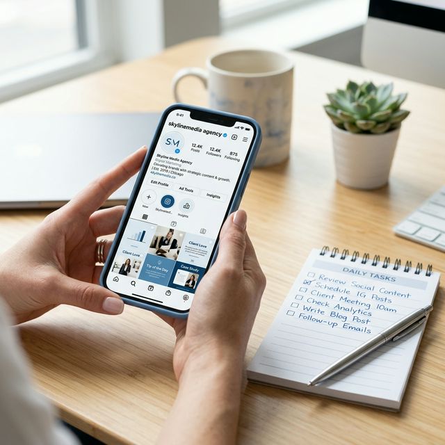 スマホでInstagramプロフィールを確認する初心者ユーザーの手元を中心にした構図。画面にはフォロワー数・投稿・プロフィール欄が整然と表示され、隣にチェックリストのメモが置かれている。色調は白・青・淡いグレーで清潔感を重視。ビジネス感と安