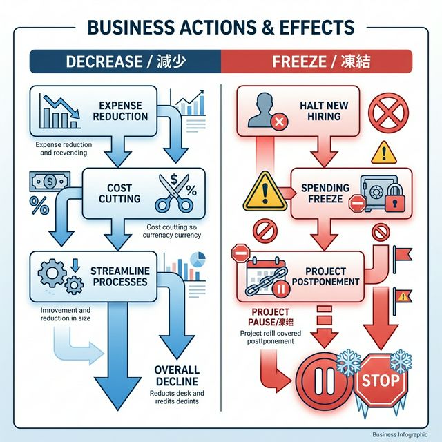 「減少」と「凍結・制限」を左右に分けたフローチャート型の図解イメージ。左はフォロワー減少の矢印、右は警告マークや制限表示のアイコン。背景は白、アクセントに青と赤を使用し、初心者でも違いが分かる説明図スタイル。