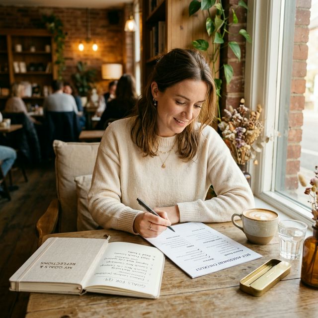ノートに「見栄え改善」「集客」「収益化」「案件獲得」と書かれた自己診断シートを、初心者がカフェテーブルで見直しているシーン。温かみのある自然光、ベージュと白を基調にして親しみやすさを演出。