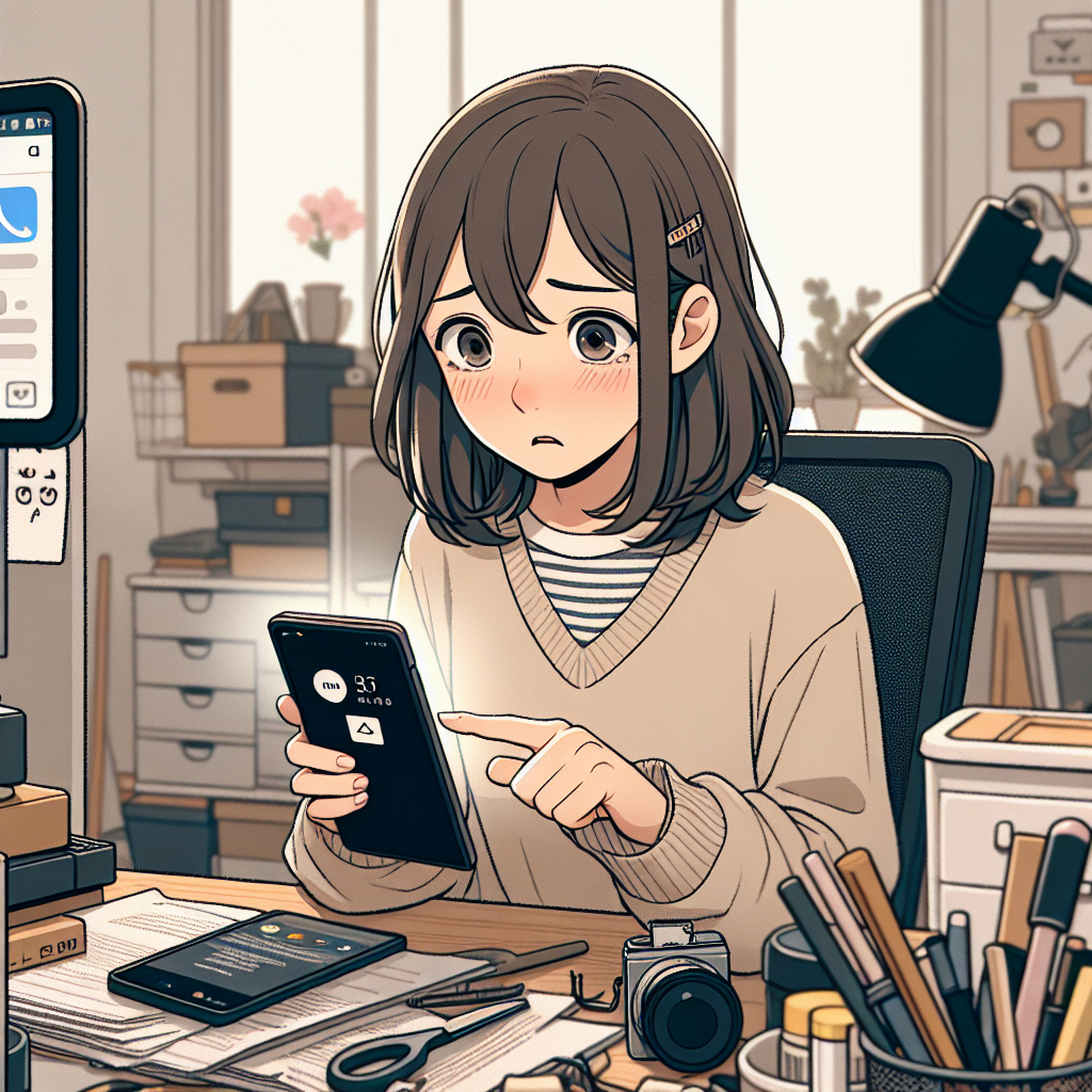 TikTokライブ開始直後の失敗を象徴するビジュアル。若い日本人クリエイターがスマートフォン前で少し焦った表情を見せ、画面は暗め、机上に未整理の機材、通知が入っているスマホが見える構図。背景は室内で生活感がややあるが不潔ではなく、問題点が視覚的に伝わる構成