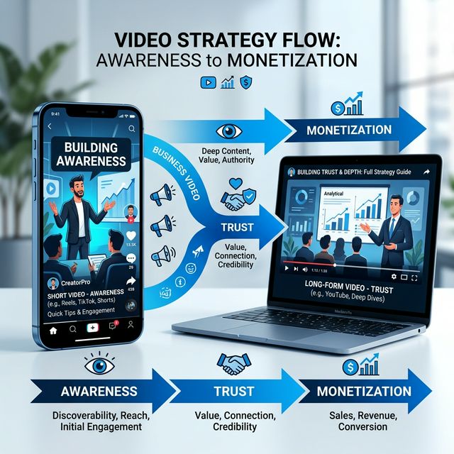 左にショート動画の縦型スマホ画面、右に長尺動画の横型PC画面を並べ、中央に矢印で「認知→信頼→収益化」の流れを示したビジュアル。青・黒・白ベースの洗練された配色で、図解っぽい構図の高品質ビジネスイメージ。