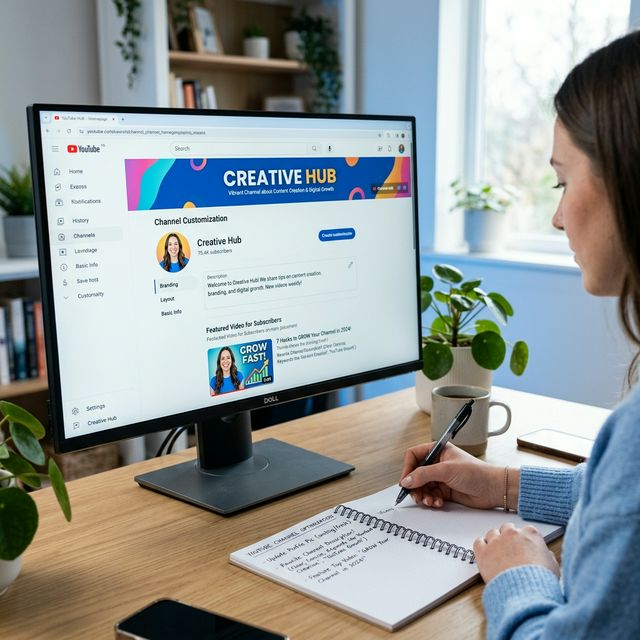 YouTubeチャンネルのトップページを改善している場面。プロフィール画像、チャンネル説明文、トップ動画の配置をPC画面に表示し、手前でノートに改善ポイントを書き込む様子。明るい自然光、やわらかな青と白の色調、初心者にも親しみやすい実務感あ