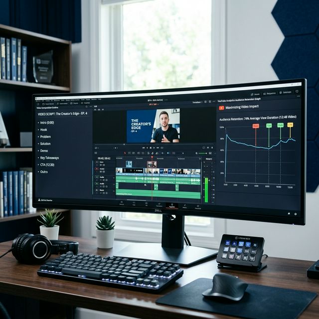 動画構成メモ、編集タイムライン、YouTubeアナリティクスの視聴維持率グラフを1枚にまとめたワークスペース。構図は横長、プロの編集現場らしい整然さを持たせ、ネイビーと白を基調にした信頼感あるビジュアル。